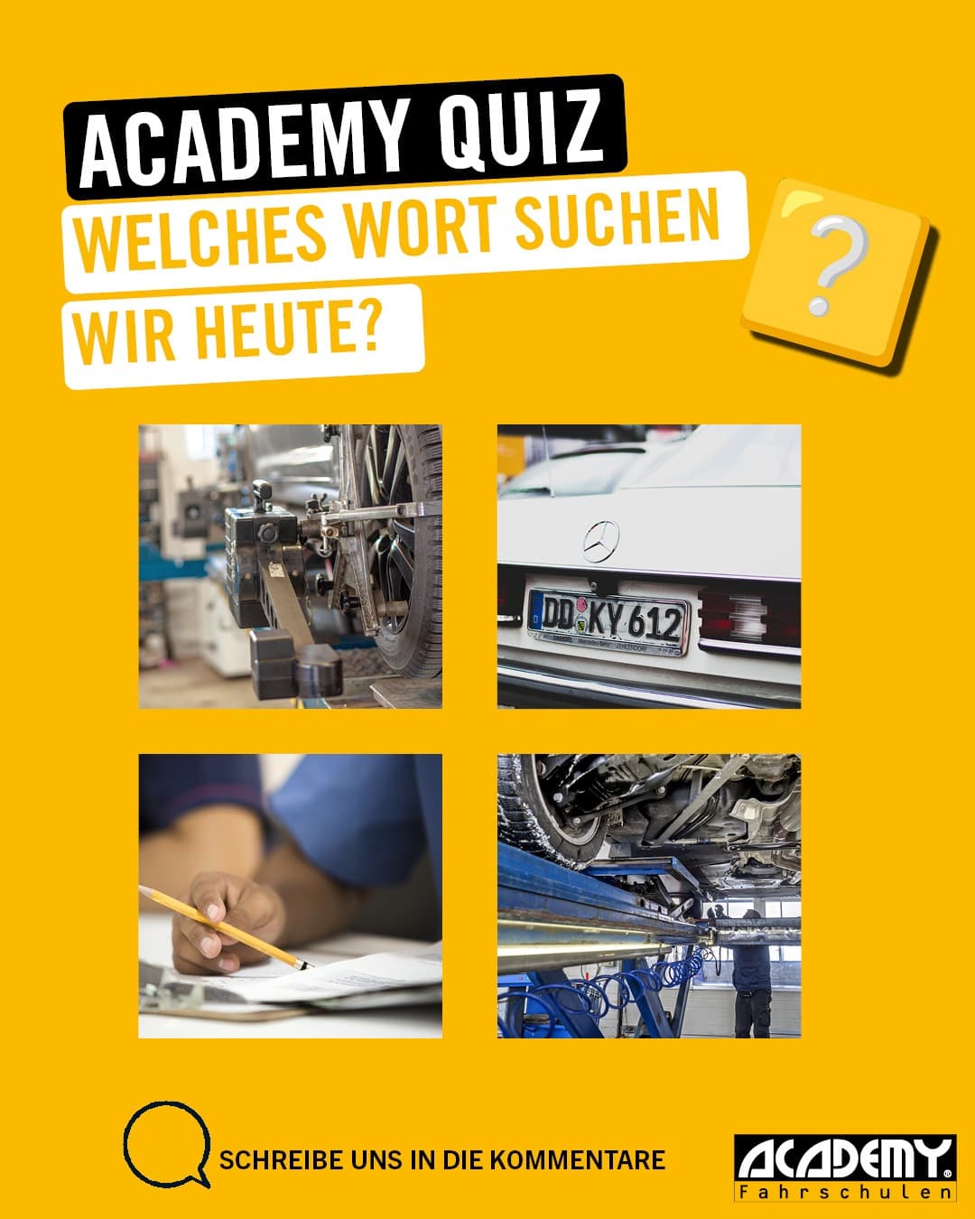 Welches Straßenverkehr-Wort wird durch diese 4 Bilder gesucht?